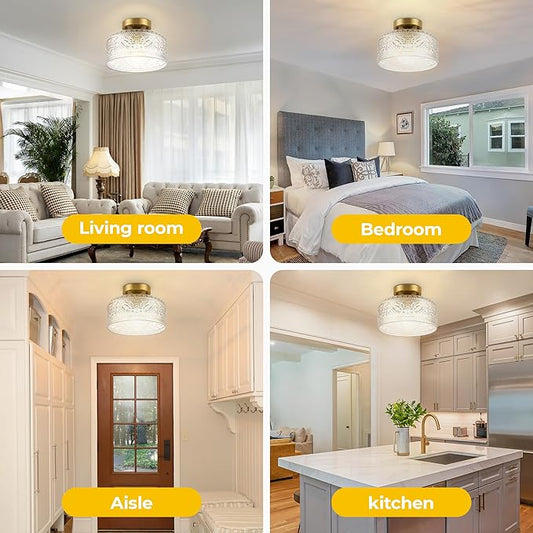Semi Flush Mount Ceiling Light Gold, Upgraded Larger Vintage Glass Pendant Lamp Shade, Modern Farmhouse Light Fixture for Hallway Corridor Kitchen Entryway Bedroom, Bulb Not Included