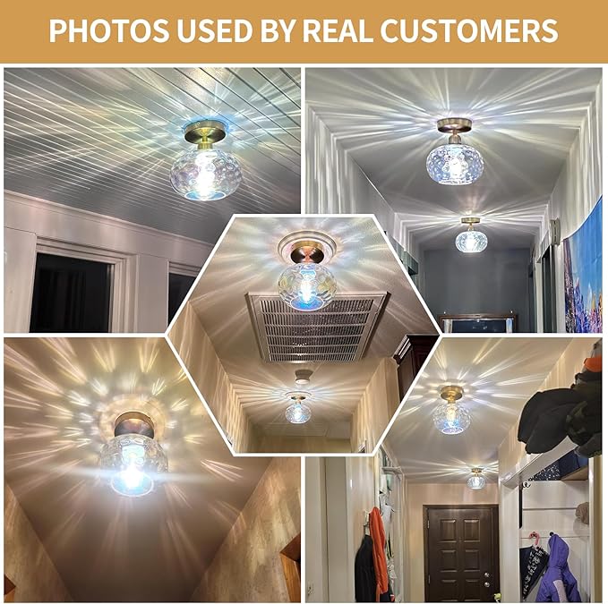 Luafac Vintage Glass Flush Mount Ceiling Light - 2 Pack，7.9 Inch Rainbow Hammered Glass Hallway Light fixtures Ceiling, Gold Semi Flush Mount Ceiling Light for entryway Foyer Laundry Room Kitchen