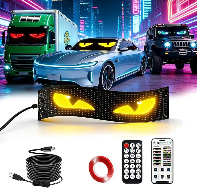 LED Devil Eye Lights for Windshield, 14.7"x3.6" LEDs Flexible APP Control Programmable LED Sign for Car Truck Motorcycle RV Window, Custom Animated Eyes Matrix Panel with Remote Car Accessories