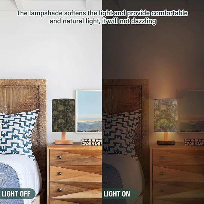 Scary Skull Pattern Table Lamp with Wood Base Fabric Lamp Shade Bedside Nightstand Desk Lamp for Living Room Bedroom Kids Room Office