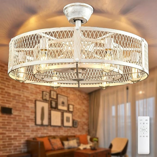 Depuley Outdoor Ceiling Fan with Light: 26" Caged Ceiling Fans with Remote Control for Patio Kitchen Bedroom - Farmhouse Fandelier Flush Mount Lights Fixture Reversible 6 Speed Timer Cement