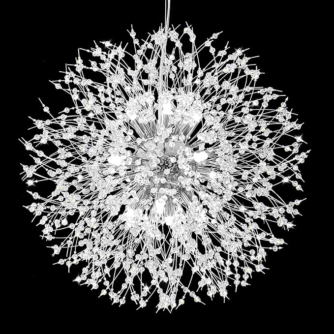 Qamra Modern Crystal Chandeliers, Chrome Firework Dandelion Sputnik Chandelier Light Fixture Pendant Lighting for Dining Room, Bedroom, Kitchen, Living Room(12-Light, Chrome)