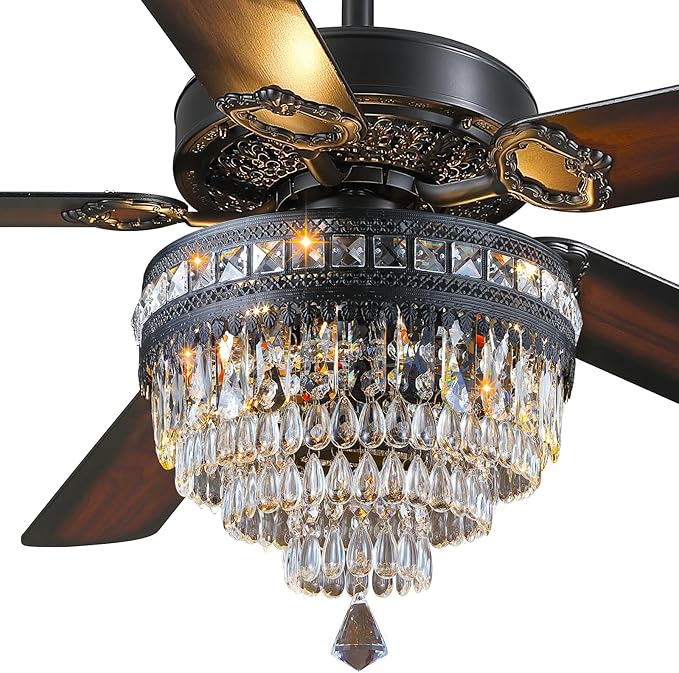 Asyko 62" Crystal Ceiling Fan Fandelier with Lights - Black Modern Crystal Chandelier Fans with Remote Control，Noiseless DC Motor, Retro/Farmhouse Lighting, Dining Room， Living Room
