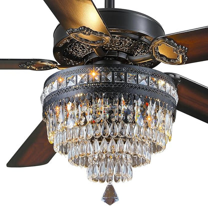 Asyko 62" Crystal Ceiling Fan Fandelier with Lights - Black Modern Crystal Chandelier Fans with Remote Control，Noiseless DC Motor, Retro/Farmhouse Lighting, Dining Room， Living Room