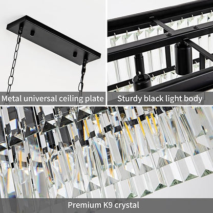 Black Crystal Chandelier for Dining Room Light Fixture Rectangle Modern Farmhouse Chandelier Contemporary Pendant for Kitchen Island Living Room Long Chandelier Rectangular Lighting
