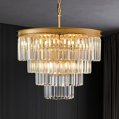 Gold Crystal Chandelier 22.9" 10-Lights Modern Crystal Pendant Lights 4-Tier Luxury K9 Hanging Dining Room Lighting Fixture for Living Room Bedroom Kitchen Island Entryway Stairway Office