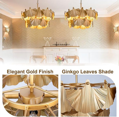 TOCHIC Gold Vintage Chandelier, 8 Lights Rustic Chandeliers for Dining Room, Modern Farmhouse Chandelier with Ginkgo Leaves, Ceiling Light Fixture for Living Room Bedroom Entryway W-25.98"