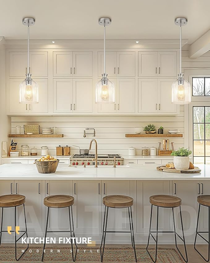 AUTELO 2 Pack Brushed Nickel Pendant Lights, Glass Pendant Lights Kitchen Island with Clear Cylinder Glass, Industrial Pendant Lighting with Adjustable Rods, H2511 CLST 2PK