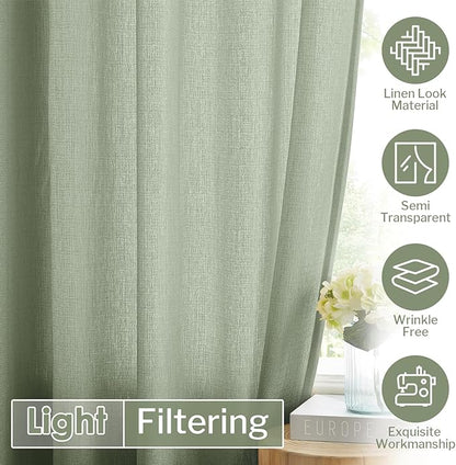 Melodieux Sage Green Semi Sheer Curtains 96 Inches Long for Living Room, Bedroom Faux Linen Texture Farmhouse Rod Pocket Shiny Sheer Curtains Drapes Light Filtering, 52" W x 96" L, 2 Panels