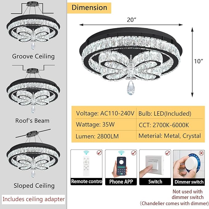 20'' Modern Crystal Chandelier LED Dimmable Flush Mount Ceiling Light Pendant Light for Living Room Bedroom Dining Room Black