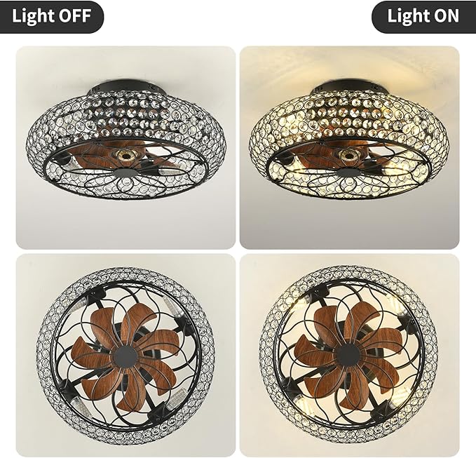Caged Crystal Ceiling Fans with Lights and Remote,18.8" Flush Mount Low Profile Ceiling Fan with Light,6 Speed Enclosed Ceiling Fan with Reversible Motor for Bedroom Kitchen Living Room