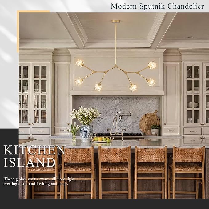 6 Lights Gold Crystal Chandelier for Dining Room L43’’ Modern Luxury Sputnik Chandelier Over Table Adjustable Flush Mount Pendant Light Fixture for Living Room Kitchen Island Bedroom
