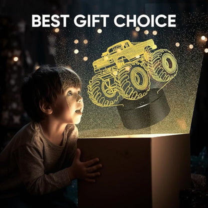 BASSI Monster Trucks Night Light for Boys, 3D LED Optical Illusion Lamp with Remote Control, 16 Colors Change Perfect Birthday Party Decor Idea for Boys, Kids, and Teens