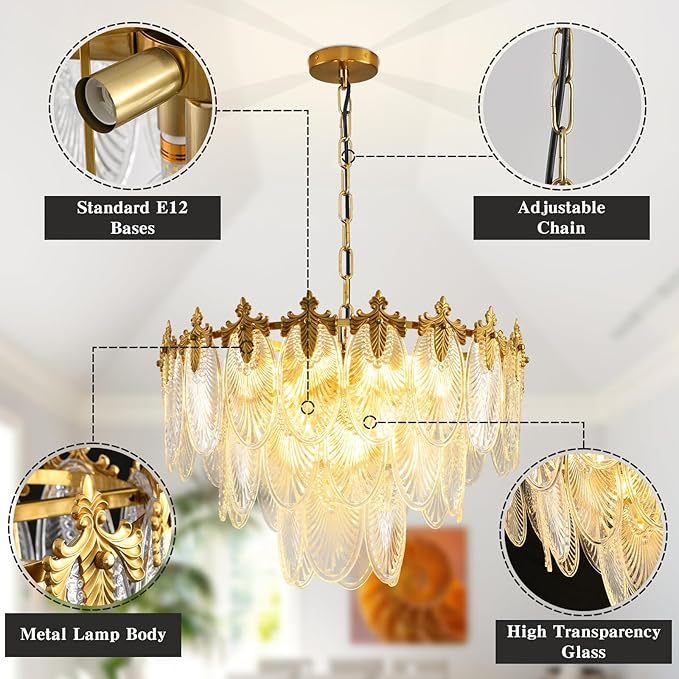 KELUOLY Antique Chandelier 3-Tier Glass Crystal Chandeliers, 9-Lights Gold Round Pendant Light 23.6" Brushed Brass Adjustable Height, Applicable to Dining Room, Bedroom, Living Room, Foyer, Kitchen