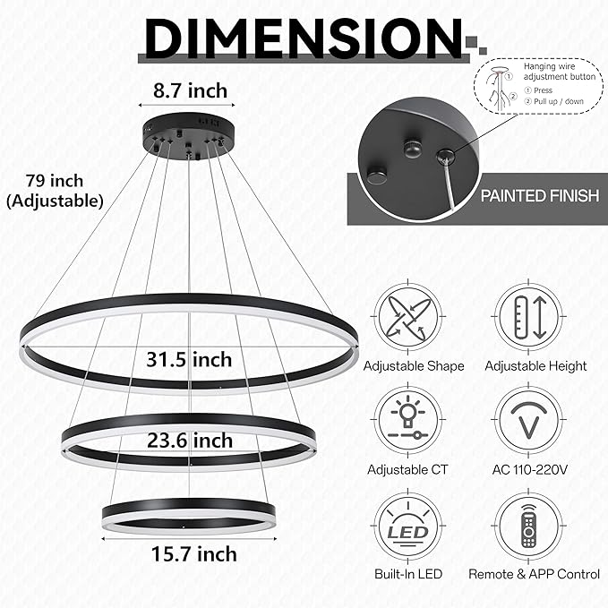31.5" Black Modern Led Chandelier 3 Ring Modern Led Pendant Light Contemporary Ring Chandeliers Dimmable Chandeliers Color Temperature Adjustable Height Hanging Chandelier for Living Room