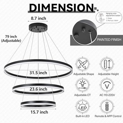 31.5" Black Modern Led Chandelier 3 Ring Modern Led Pendant Light Contemporary Ring Chandeliers Dimmable Chandeliers Color Temperature Adjustable Height Hanging Chandelier for Living Room