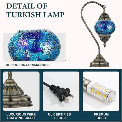 Marrakech Vintage Morrocan Lamp with Tiffany Style, Handmade Turkish Table Lamp with Swan Neck Bronze Base Including LED Bulb for Living Room Bedroom Decor (Shard Blue)