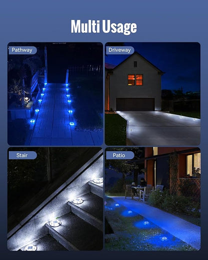 Solar Driveway Lights Dock Lights Waterproof 12 Pack, 2 Colors in 1 Outdoor LED Solar Deck Lights, Solar Powered Walk Way Light Road Marker for Warning Stair Pathway Patio(Blue & White)