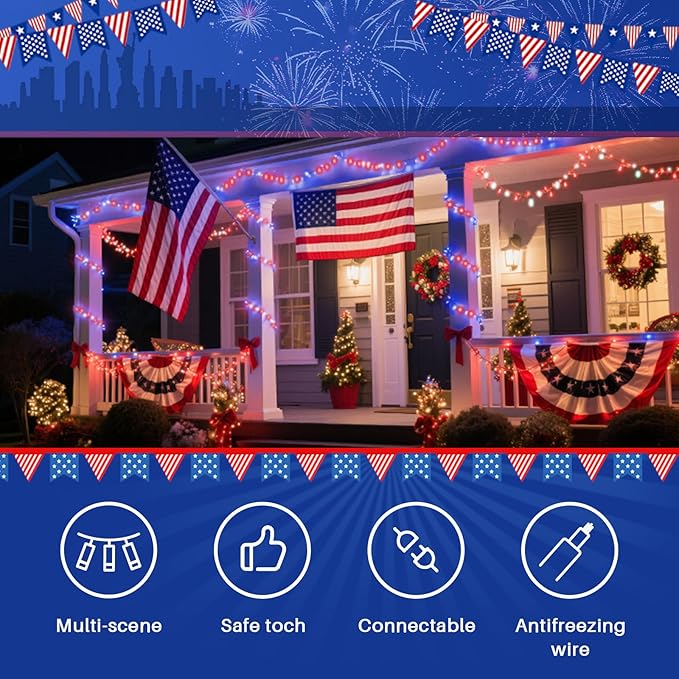 LAMPHOME 33ft Patriotic String Lights, Red White Blue Mini Lights, 100 LED Green Wire Fairy Starry String Lights Plug in, 16 Modes for Independence Day Celebration Party Memorial Day Decor