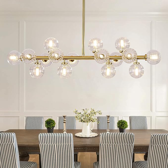 16-Light Globe Sputnik Chandelier, Linear Dining Room Light Fixture Over Table, Mid Century Modern Gold Chandeliers for Dining Living Room, Kitchen Island Lighting (Clear Bubble, 40 Inch)
