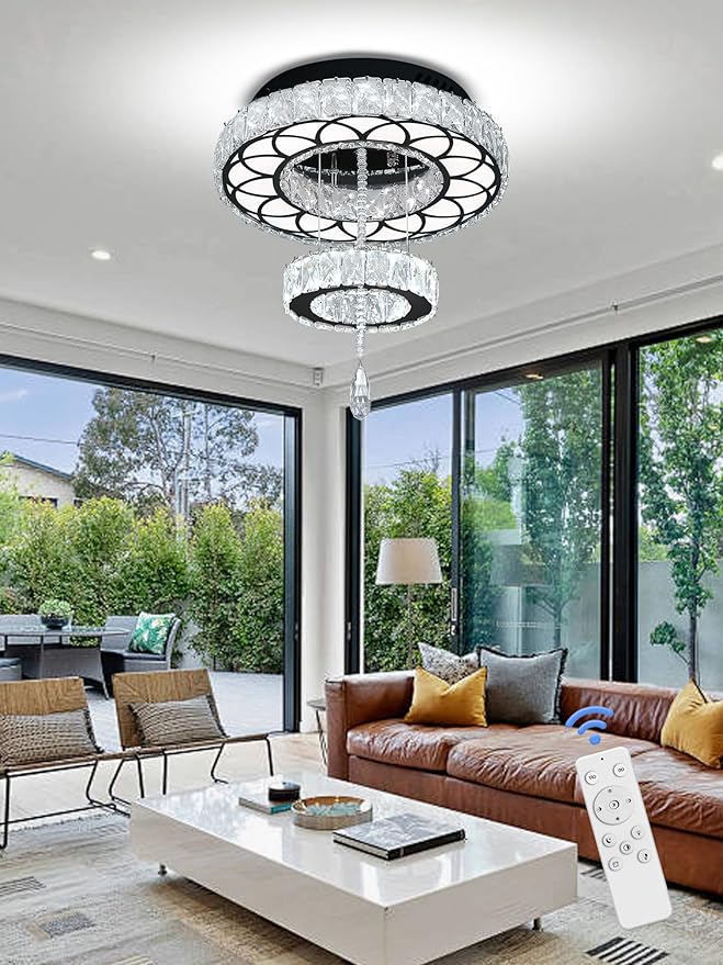 Flashing God Dia 12" Crystal Mini Chandelier Crystal Black Ceiling Light Fixtures LED Flush Mount Ceiling Light for Living Room Bedrooms Dining Room Dimmable 2700k 4500k 6000k