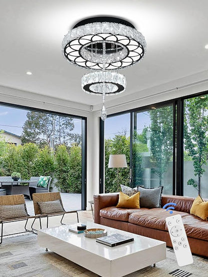 Flashing God Dia 12" Crystal Mini Chandelier Crystal Black Ceiling Light Fixtures LED Flush Mount Ceiling Light for Living Room Bedrooms Dining Room Dimmable 2700k 4500k 6000k