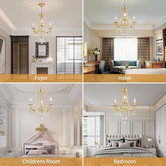Small Crystal Chandelier, 3-Lights Modern Crystal Chandeliers for Dinning Room, Wagon Wheel Gold Chandelier, Farmhouse Hanging Pendant Light Fixture for Bedroom Hallway Entryway Bar Kitchen Bathroom