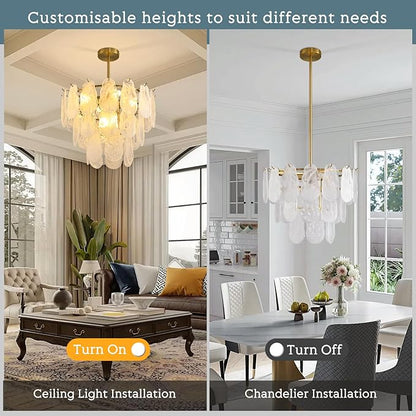 Modern Gold Cloud Glass Chandeliers, 19.68 Inches Creative Crystal Pendant Ceiling Fixture, 3 Tier Luxury Height Adjustable Chandelier, 6-Light for Bedroom Living Room Dining Room Hallway Foyer (E12)
