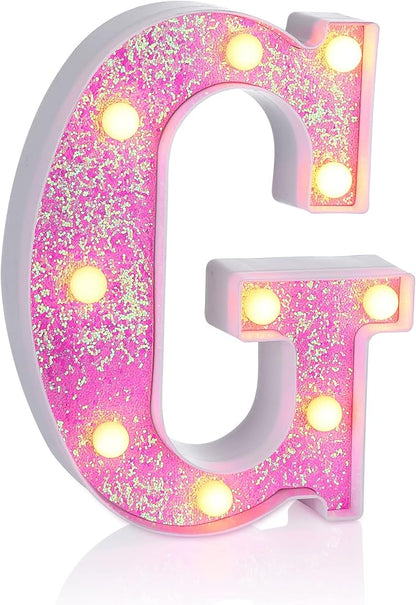 Foaky Pink Light up Letters，Pink Party Decorations,Girls Room Decor,Glitter Light Up Letters,Alphabet Letter Sign for Night Light Birthday Party Girls Gifts, Home Bar Decoration（G）