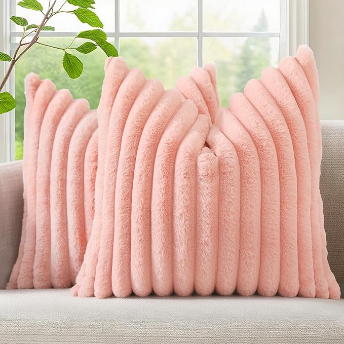 decorUhome Summer Cozy Faux Fur Throw Pillow Covers 26x26 Set of 2 Decorative Plush Striped Modern Farmhouse Boho Couch Euro Sham Pillow Cases with Velvet Back for Sofa Bed Living Room, Blush Pink