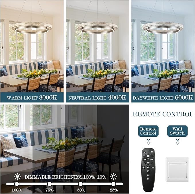LED Ring Chandelier Weathered Wood Nickel Chandelier Dimmable Round Foyer Chandeliers Light Farmhouse Circular Chandeliers for Dining Room Entry Bedroom Office Living Room, 24in