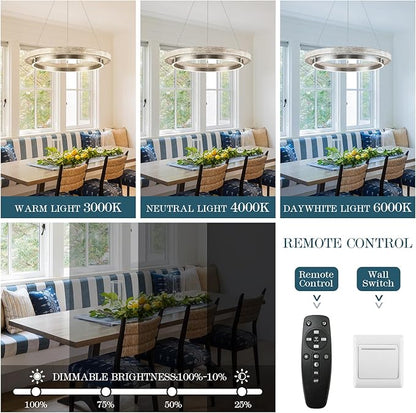 LED Ring Chandelier Weathered Wood Nickel Chandelier Dimmable Round Foyer Chandeliers Light Farmhouse Circular Chandeliers for Dining Room Entry Bedroom Office Living Room, 24in