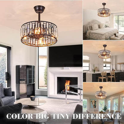 18.2" Modern Crystal Ceiling Fan with Light Black Crystal Fandelier Light Caged Ceiling Fan Light with Remote Reversible Industrial Chandelier Fan for Bedroom Living Room Dining Room Entry foryer