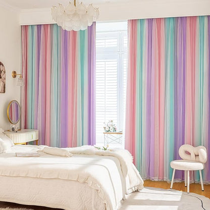 XiDi 100% Blackout Curtains for Girls Bedroom 63 Inches Long 2 Panels Colorful Rainbow Nursery Kids Curtains with Sheer Overlay Unicorn Wall Decor Princess Grommet Drapes Pink Purple Green 52W x 63L