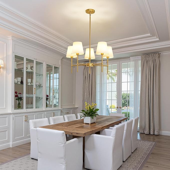RUIYEY Dining Room Chandeliers Light - 5-Light Gold Modern Chandeliers Light Fixtures with White Fabric Shade, Height Adjustable Pendant Island Light for Entryway Farmhouse