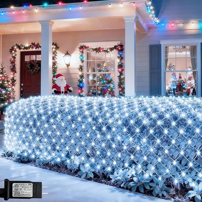 Cool White Net Lights, 360 LED Outdoor Christmas Net Mesh Lights for Bushes 21x5 ft, 8 Modes Waterproof Twinkle String Lights Connectable for Christmas Hedge Yard Garden Party Decor