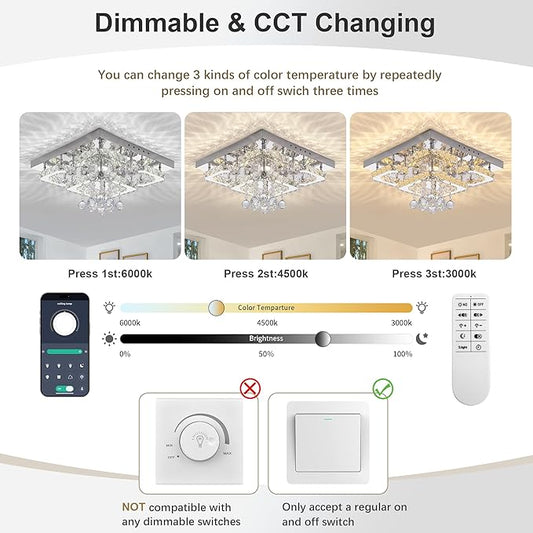 18 inch Flush Mount Chandelier Crystal Ceiling Light with Remote Control/APP,3CCT Dimmable&Brightness Adjustable, Modern Crystal Raindrop Silver Chandeliers for Bedroom Hallway Dinning Room LivingRoom