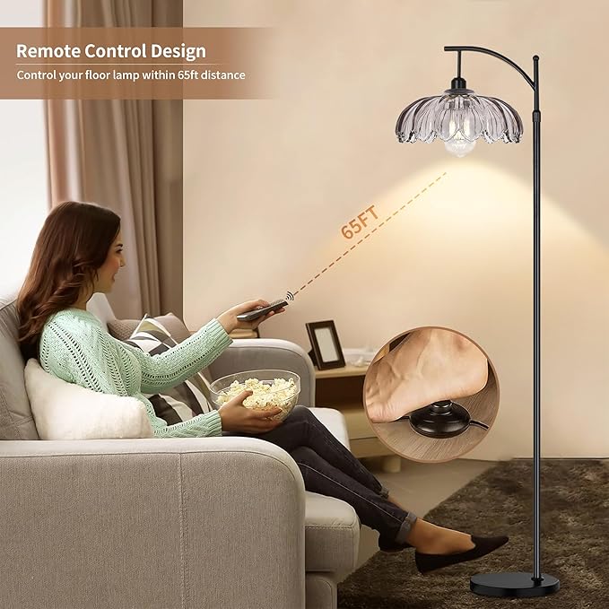 AHDWDW Arc Floor Lamps for Living Room with Remote,Black Dimmable Floor Lamp with Gray Glass Shade,Unique Vintage Flower Standing Tall Lamp,Modern Mid Century Floor Lamps for Bedroom Office Corner