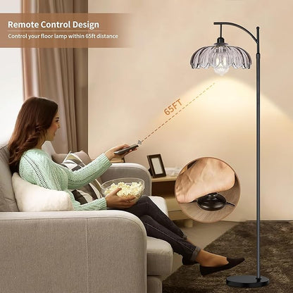 AHDWDW Arc Floor Lamps for Living Room with Remote,Black Dimmable Floor Lamp with Gray Glass Shade,Unique Vintage Flower Standing Tall Lamp,Modern Mid Century Floor Lamps for Bedroom Office Corner