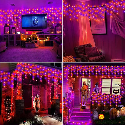 KNONEW Orange Purple Halloween Lights 33FT 400 LED String Lights Outdoor with 75 Drops, 8 Lighting Modes, Timer Memory Function Connectable Hanging Curtain Lights for Halloween Party Decor