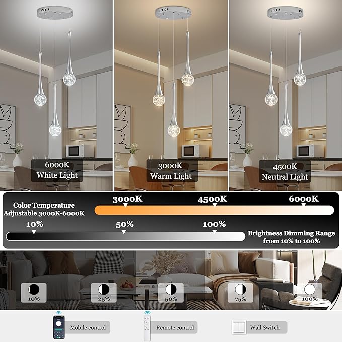 Modern Crystal Kitchen Island Chandelier 3-Lights Chrome, LED Dimmable Raindrop Indoor Lighting Fixture for Dining Room Foyer Entryway Remote Control