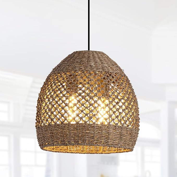 2-Light Rattan Pendant Light, 13.78" Handwoven Boho Pendant Light, Rattan Wicker Hanging Ceiling Lighting Chandelier for Kitchen Island Restaurant Bedroom Living Room