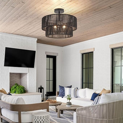 15.7'' Black Boho Light Fixtures Ceiling Mount Coastal Hemp Rope Semi Flush Mount Ceiling Light Fixture 3-Light Rattan Light Fixtures with 2-Tier Drum Shade for Dining Room Kitchen Entry
