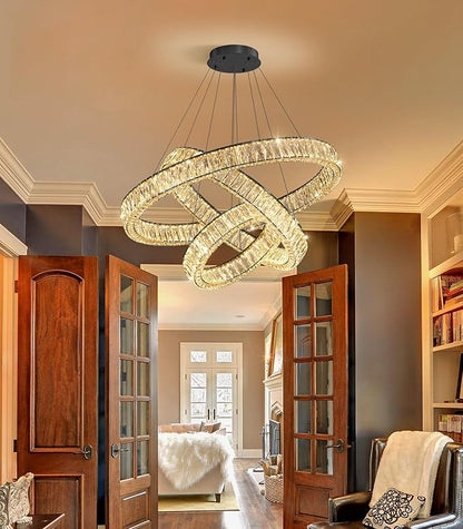 HAIXIANG Modern Glam Chandelier Crystal LED Remote Rings Chandelier Adjustable Hanging Ceilings Pendant Lights Fixture Gold 16"+24"+32" Rings Lighting