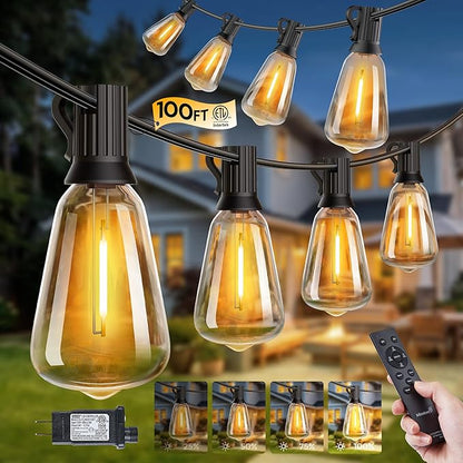 Minetom 100FT Outdoor String Lights with Remote, 46+2 Shatterproof ST38 LED Bulbs, Waterproof Patio Lights with 3 Modes, Dimmable & Connectable 2700K Hanging Lights for Backyard Porch Deck Balcony