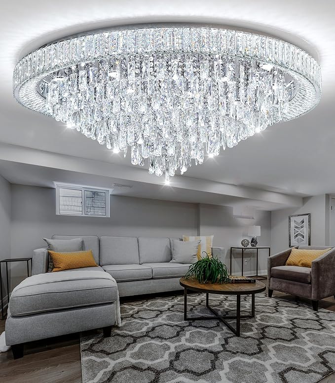 47" Modern Chandeliers LED Dimmable Crystal Flush Mount Ceiling Chandeliers for Living Room High Ceiling Entrance Foyer Lobby Bedroom Silver