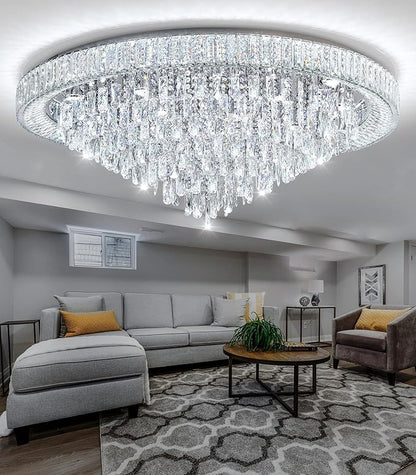 47" Modern Chandeliers LED Dimmable Crystal Flush Mount Ceiling Chandeliers for Living Room High Ceiling Entrance Foyer Lobby Bedroom Silver