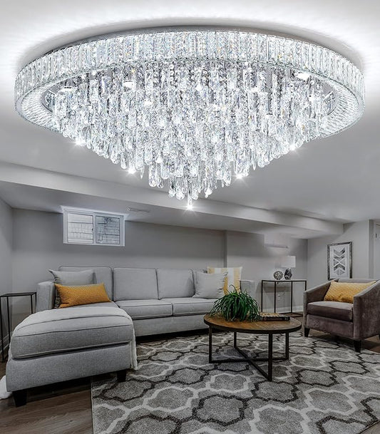 47" Modern Chandeliers LED Dimmable Crystal Flush Mount Ceiling Chandeliers for Living Room High Ceiling Entrance Foyer Lobby Bedroom Silver