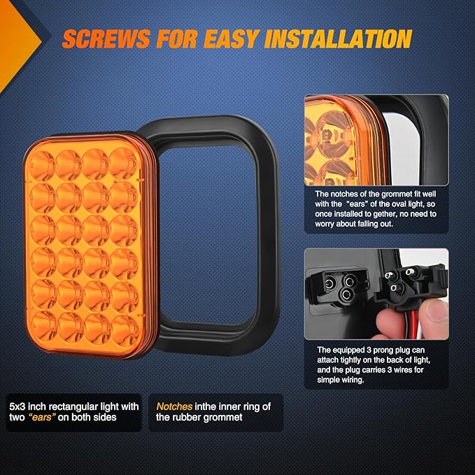 Nilight 5” X 3” Rectangular Trailer Tail Light 2 PCS Amber 24 LED Turn Signal Lights w/Flush Mount Grommets Plugs IP67 Waterproof for 12V Truck ATV UTV Bus RV Camper