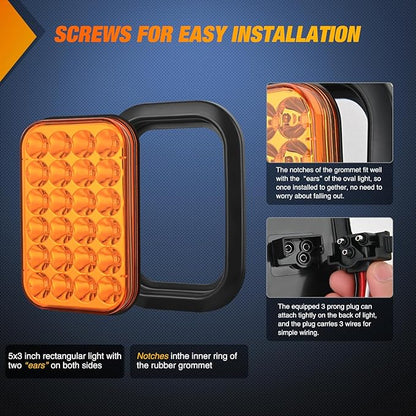 Nilight 5” X 3” Rectangular Trailer Tail Light 2 PCS Amber 24 LED Turn Signal Lights w/Flush Mount Grommets Plugs IP67 Waterproof for 12V Truck ATV UTV Bus RV Camper